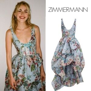 Zimmermann Matchmaker Draped Midi Dress Blue Barkcloth Print Size 2